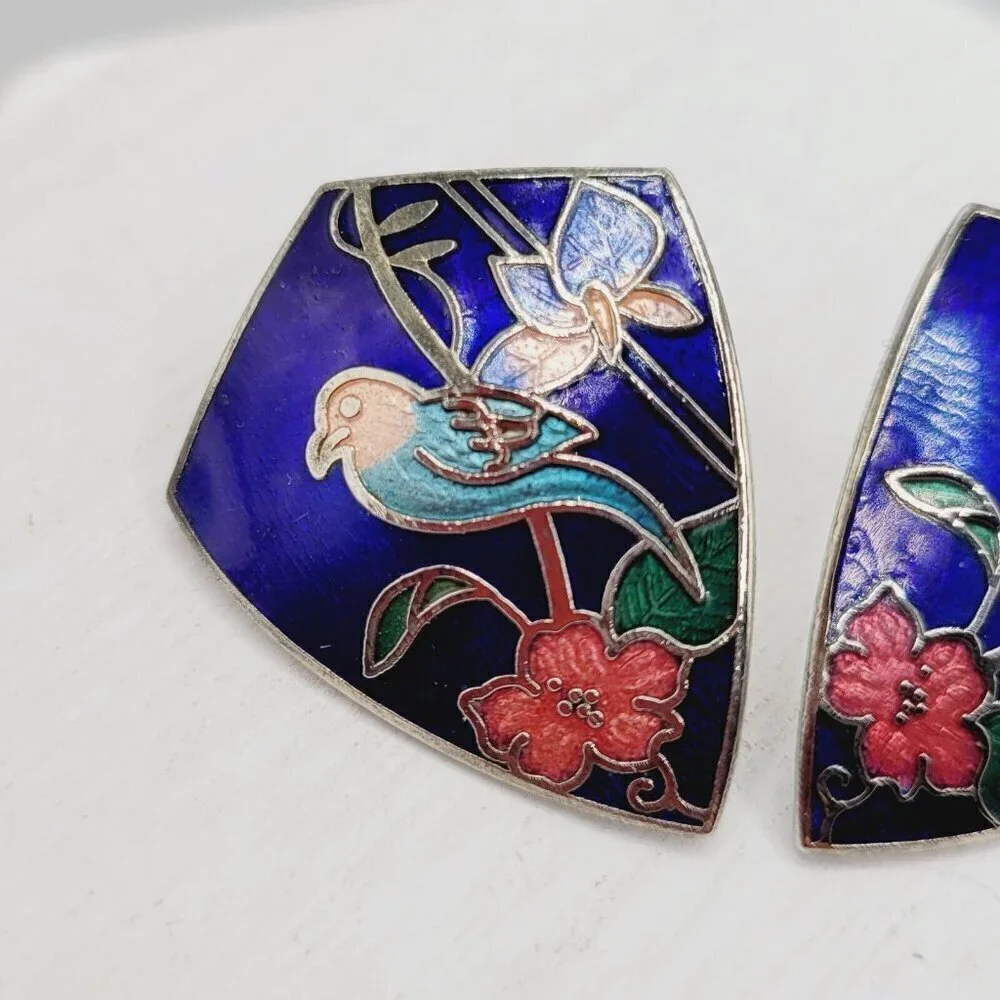 Vintage Silver Tone Cloisonne Bird & Flower Earrings Blue Enamel Shield Shape